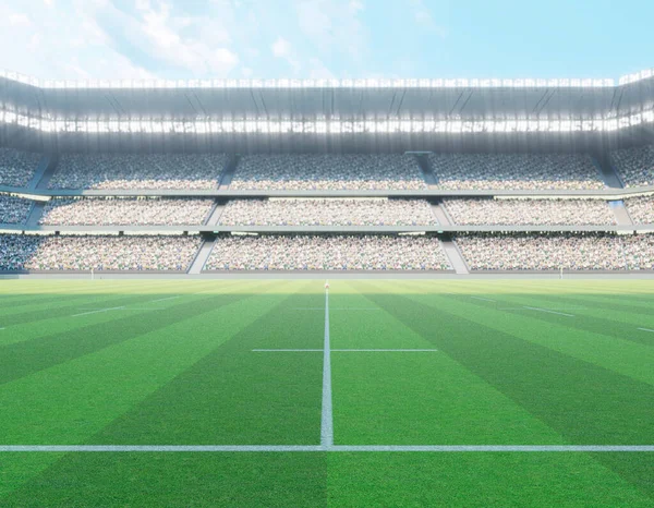 Rugby Stadion Virkaa Merkitty Vihreä Ruoho Kentällä Päivällä Tehdä — kuvapankkivalokuva