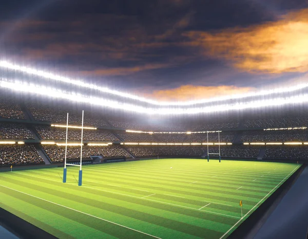 Estadio Rugby Con Postes Campo Hierba Verde Marcado Por Noche — Foto de Stock