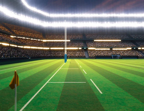 Een Rugbystadion Met Palen Een Gemarkeerd Groen Grasveld Nachts Onder — Stockfoto