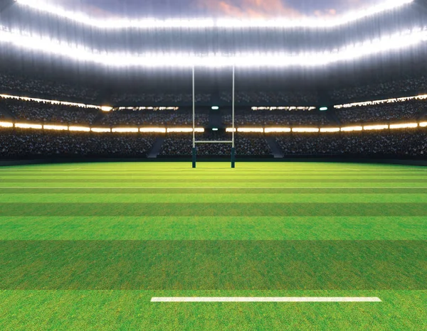一个橄榄球体育场 夜间在灯火通明的泛光灯下 在绿色草坪上立柱 3D渲染 — 图库照片