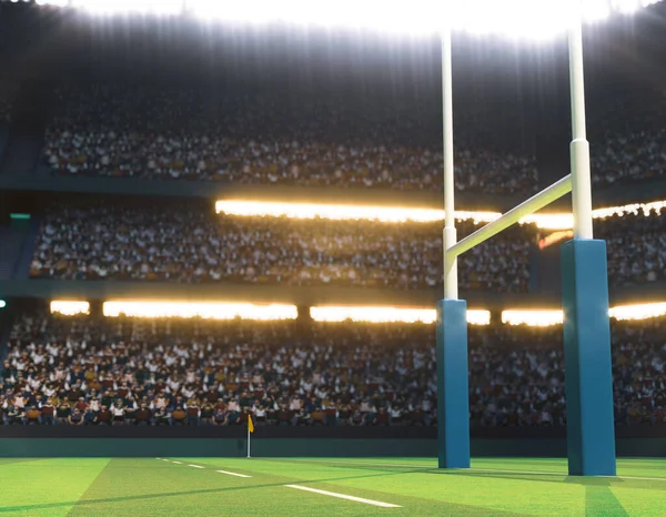 Rugby Stadion Med Inlägg Markerad Grön Gräsplan Natten Belysta Strålkastare — Stockfoto
