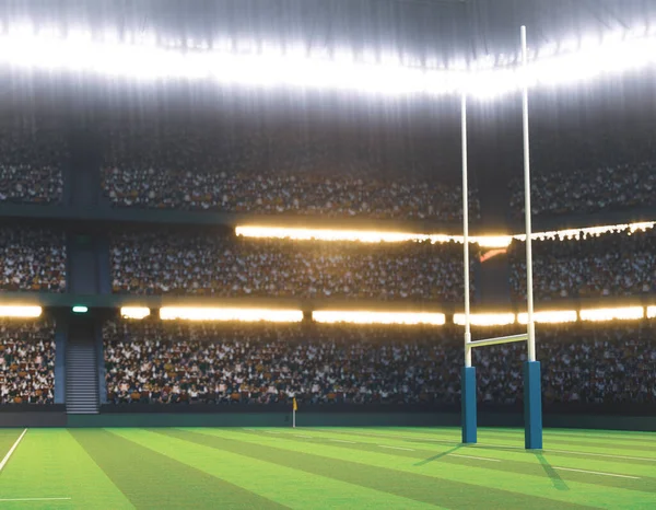 Uno Stadio Rugby Con Pali Campo Erba Verde Segnato Notte — Foto Stock