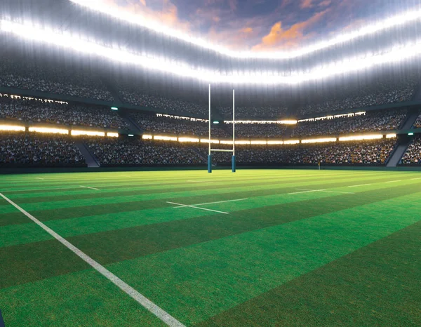 Estadio Rugby Con Postes Campo Hierba Verde Marcado Por Noche — Foto de Stock