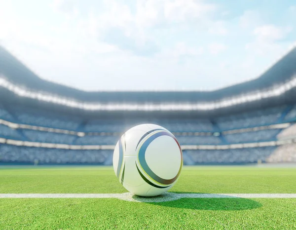 在足球场中心线上的一个足球 白天在明显的绿草球场上进球 3D渲染 — 图库照片