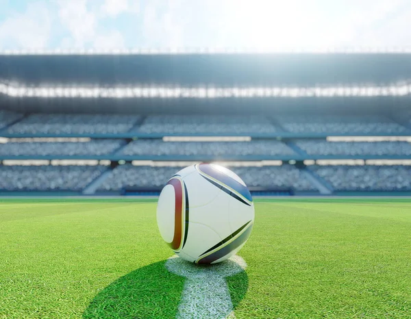 サッカースタジアムの中央線にあるサッカーボールで 日中の緑色の芝生のピッチに目標があります 3Dレンダリング — ストック写真