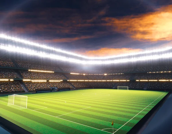 Ein Fußballstadion Mit Toren Auf Einem Markierten Grünen Rasenplatz Unter — Stockfoto
