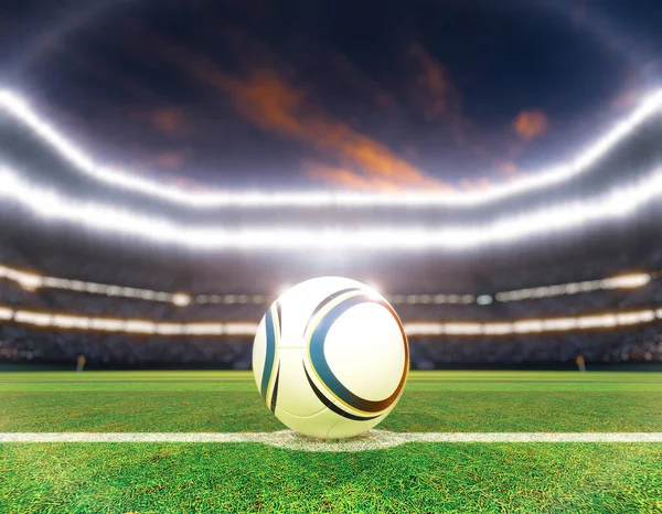 Футбольный Мяч Центральной Линии Футбольного Стадиона Голами Обозначенной Зеленой Траве — стоковое фото