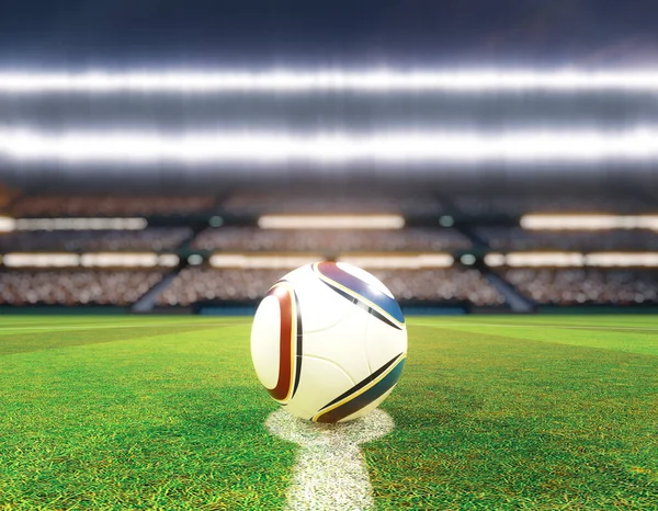Piłka Nożna Linii Środkowej Stadionu Piłkarskiego Bramkami Oznaczonym Zielonym Boisku — Zdjęcie stockowe