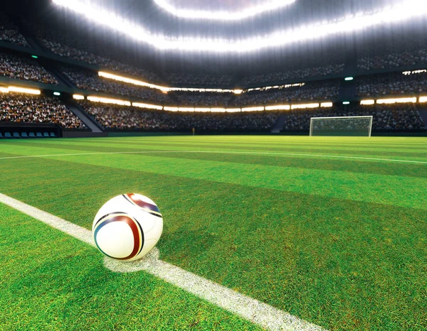 경기장 중앙에 축구공 아래푸른 풀밭에 표시를 목표로 렌더링 — 스톡 사진