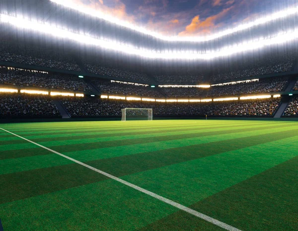 Fotbalový Stadion Cíli Vyznačené Zelené Trávě Hřiště Pod Reflektory Noci — Stock fotografie