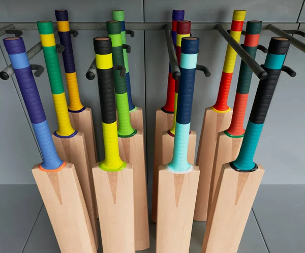 Collection Generic Cricket Bats Various Colorful Grips Arranged Shopping Shelf — Stock Photo, Image