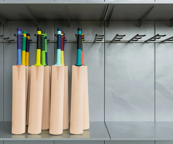 Коллекция Джинсовых Крикетных Летучих Мышей Разноцветными Рукоятками Стеллаже Покупок Рендер — стоковое фото