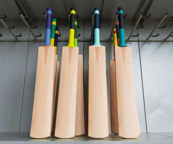 Коллекция Джинсовых Крикетных Летучих Мышей Разноцветными Рукоятками Стеллаже Покупок Рендер — стоковое фото