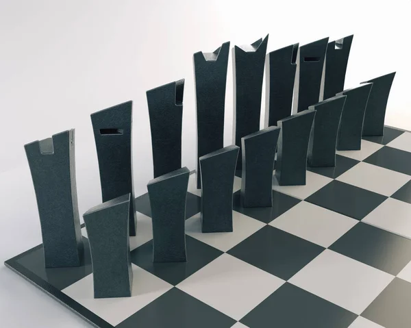 Minimalistický Metalový Šachový Set Který Začíná Šachovnici Izolovaném Bílém Pozadí — Stock fotografie