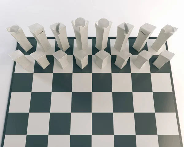 Minimalist Metal Chess Set Setup Begin Checkered Board Isolated White — Stock Photo, Image