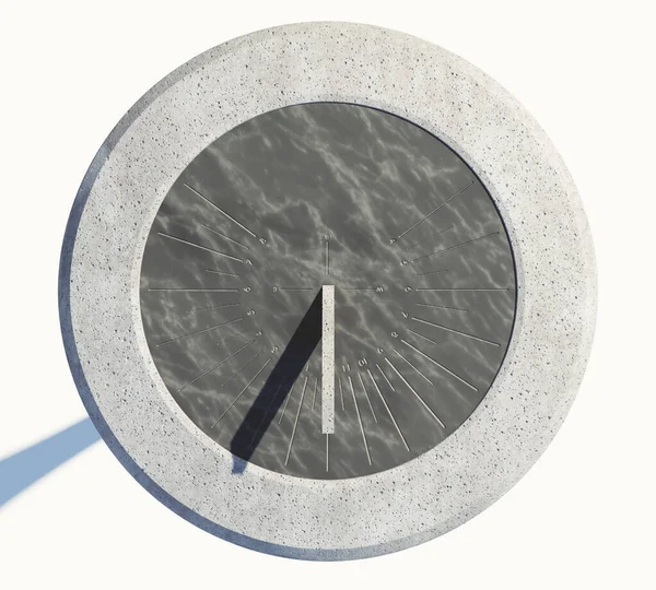 一个现代的圆石制日晷 刻有罗马数字 立在一个孤立的工作室背景上的一块岩石基座上 3D渲染 — 图库照片