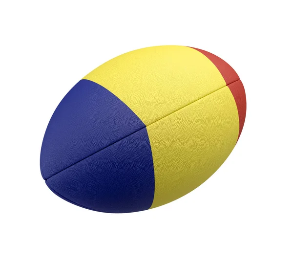 ルーマニア国旗をイメージしたカラーデザインのホワイトの質感のラグビーボールが孤立した背景に登場 3Dレンダリング — ストック写真
