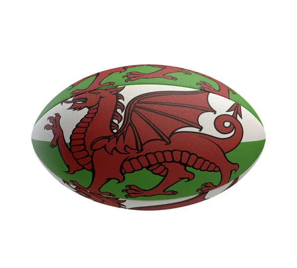 stock image A white textured rugby ball with color design representing the Wales national flag on a isolated background - 3D render