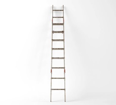 A regular metal aluminium extendable step ladder leaning against a white studio background - 3D render clipart