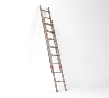 A regular metal aluminium extendable step ladder leaning against a white studio background - 3D render clipart