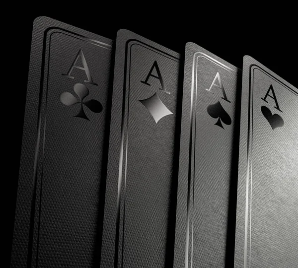 一套由4个黑色赌场组成的扇形套装 在黑暗优雅的背景下打牌 上面有反光标记 3D渲染 — 图库照片
