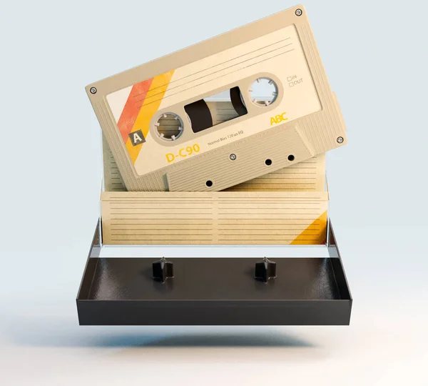 プラスチックカバーと段ボールインサート付き録音可能なオーディオカセットテープのコンセプト 3Dレンダリング — ストック写真