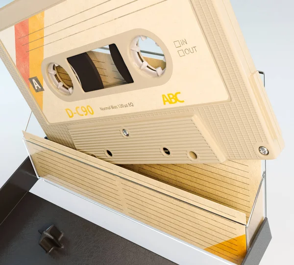 Concept Cassette Aduio Enregistrable Avec Couvercle Platine Insert Carton Rendu — Photo