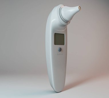 İzole edilmiş beyaz arkaplandaki bebek kulaklı kızılötesi termometre - 3D görüntüleyici