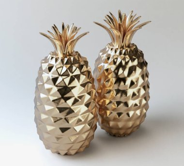 İzole edilmiş bir zemin üzerinde som altından yapılmış bir çift ananas - 3D görüntüleme