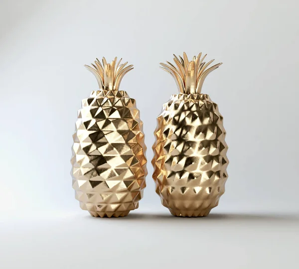 Pair Pineapples Made Solid Gold Isolated Background Render — Stock Photo, Image