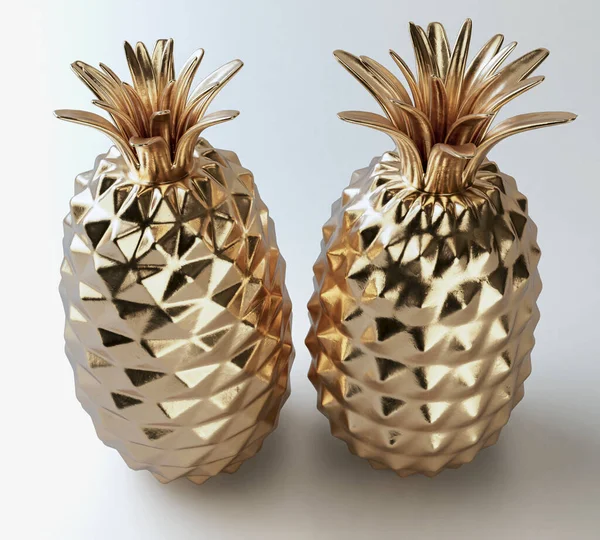 Ein Paar Ananas Aus Massivem Gold Auf Isoliertem Hintergrund Render — Stockfoto