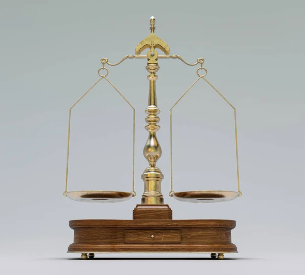 白の孤立した背景に木製のベースを持つ装飾的な真鍮の正義のスケール 3Dレンダリング — ストック写真