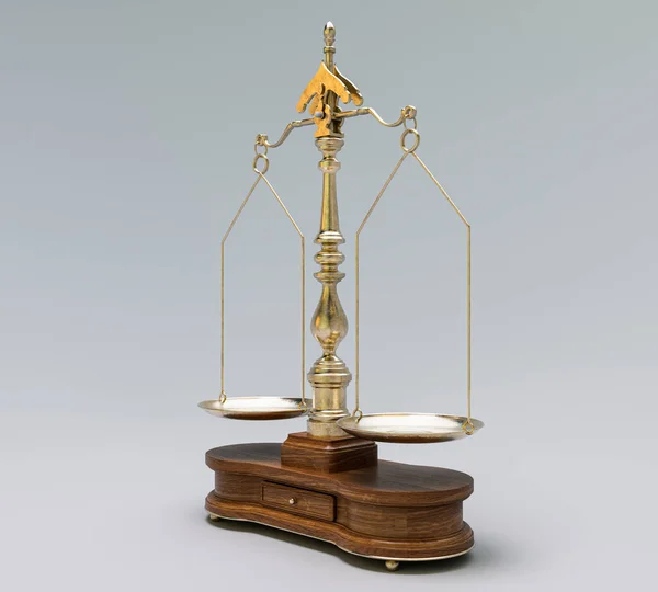 Ornate Brass Justice Scales Wooden Base White Isolated Background Render — Stock Photo, Image