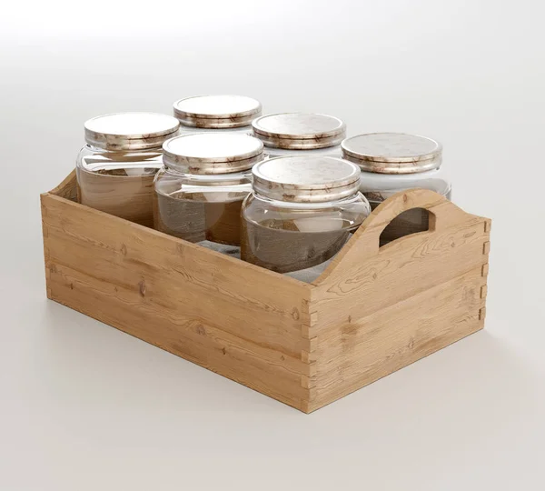 Collection Six Vintage Moonshine Glass Jars Wooden Carry Crate Isolated — Stock Photo, Image