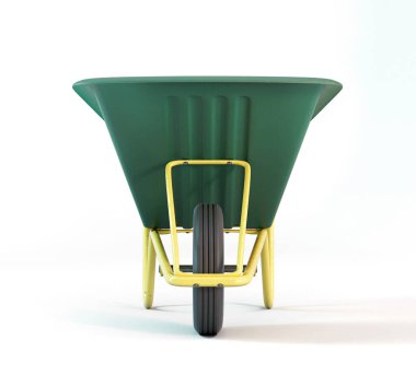 İzole edilmiş beyaz stüdyo arka planında tipik bir yeşil ve sarı bahçe el arabası - 3D görüntüleme