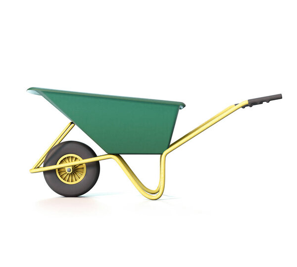 Типичный зеленый и желтый сад тачки на изолированном белом фоне студии - 3D рендеринг