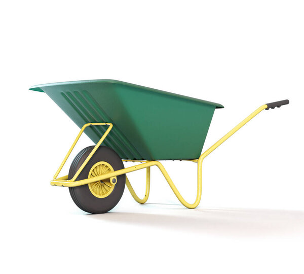 Типичный зеленый и желтый сад тачки на изолированном белом фоне студии - 3D рендеринг