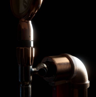 Steampunk temalı koyu izole edilmiş arka planda bira musluğu - 3D görüntüleme