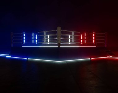 Fütürist siber punk bir boks ringi kavramı. Aydınlatılmış kırmızı ve beyaz neon ışıkları ile aydınlatılıyor.