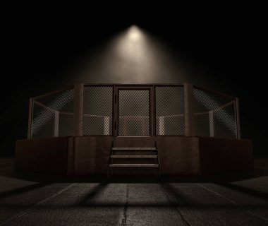Karanlık ve uğursuz izole edilmiş bir arkaplanda lekelenmiş modern bir MMA halkası - 3D görüntüleme