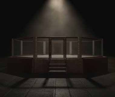 Karanlık ve uğursuz izole edilmiş bir arkaplanda lekelenmiş modern bir MMA halkası - 3D görüntüleme