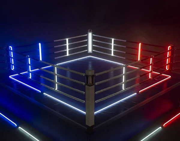 暗い隔離された背景の上に赤い青と白のネオンライトで照らされたボクシングリングの未来的なサイバーパンクの概念 3Dレンダリング — ストック写真