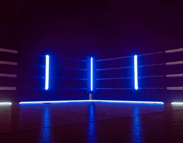暗い隔離された背景の上に赤い青と白のネオンライトで照らされたボクシングリングの未来的なサイバーパンクの概念 3Dレンダリング — ストック写真