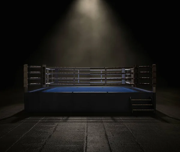 Сучасне Боксерське Кільце Протилежними Синіми Червоними Кутами Освітленими Темному Всеосяжному — стокове фото