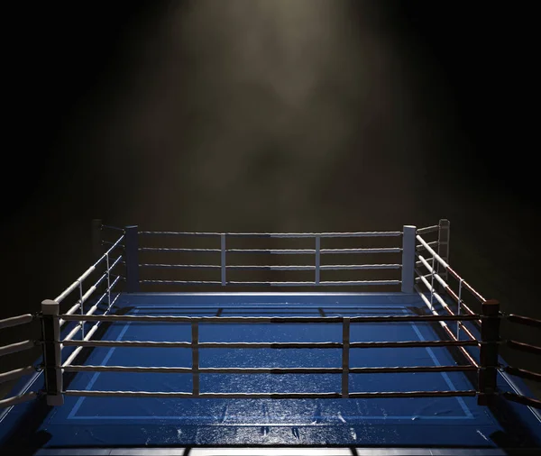 ダークで不吉な隔離された背景にスポットライトを当て 青と赤のコーナーと現代のボクシングリング 3Dレンダリング — ストック写真