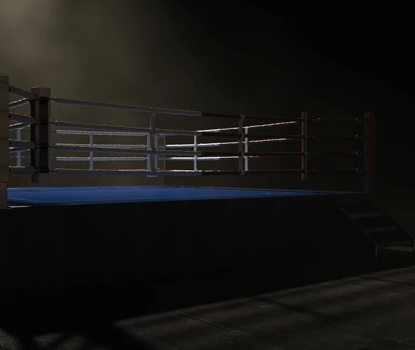 Современное Боксерское Кольцо Противоположными Синими Красными Углами Темном Зловещем Изолированном — стоковое фото