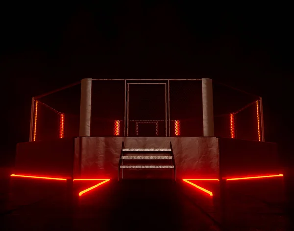 Concetto Cyberpunk Futurista Anello Ottagonale Mma Illuminato Luci Neon Rosse — Foto Stock