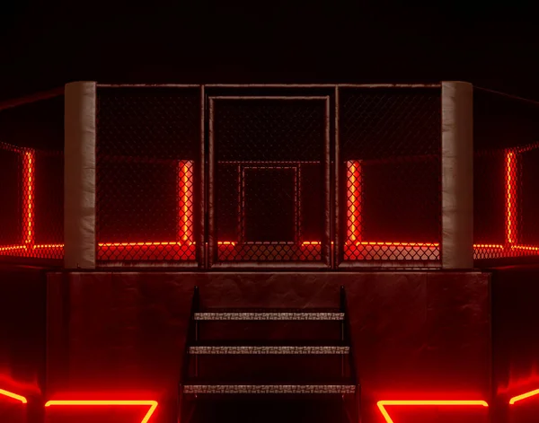 Futurystyczna Koncepcja Cyberpunkowa Pierścienia Mma Oświetlonego Podświetlanymi Czerwonymi Neonami Ciemnym — Zdjęcie stockowe