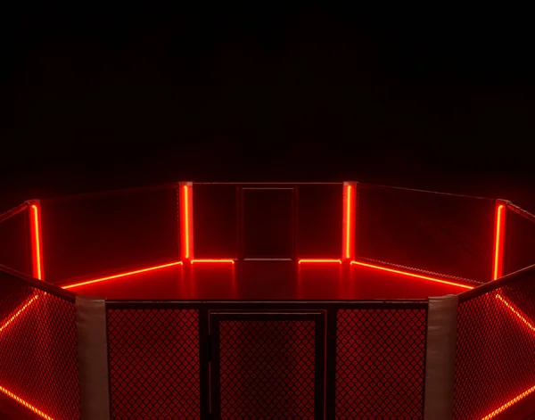 暗い隔離された背景に赤いネオンライトで照らされたMma八角形リングの未来的なサイバーパンクの概念 3Dレンダリング — ストック写真