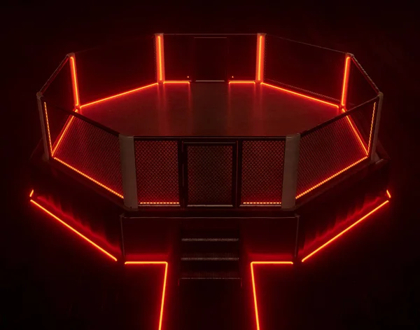 Mma Sekizgen Yüzüğünün Fütürist Siber Punk Konsepti Aydınlatılmış Kırmızı Neon — Stok fotoğraf